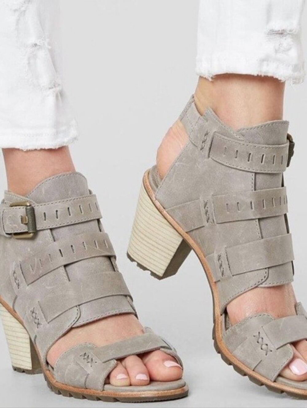 Sorel Nadia Buckle Grey Leather Open Toe Heels Sandals - Size 9